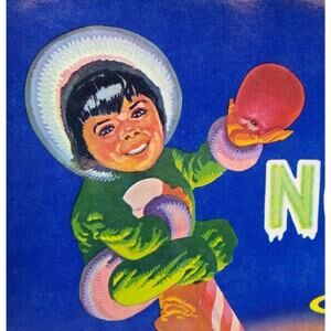 Up North Apples Crate Label Child Climbs The North Pole Original Vintage 1950's